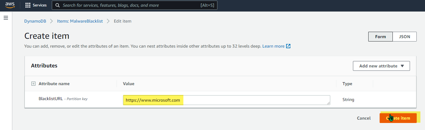 DynamoDB Create Item